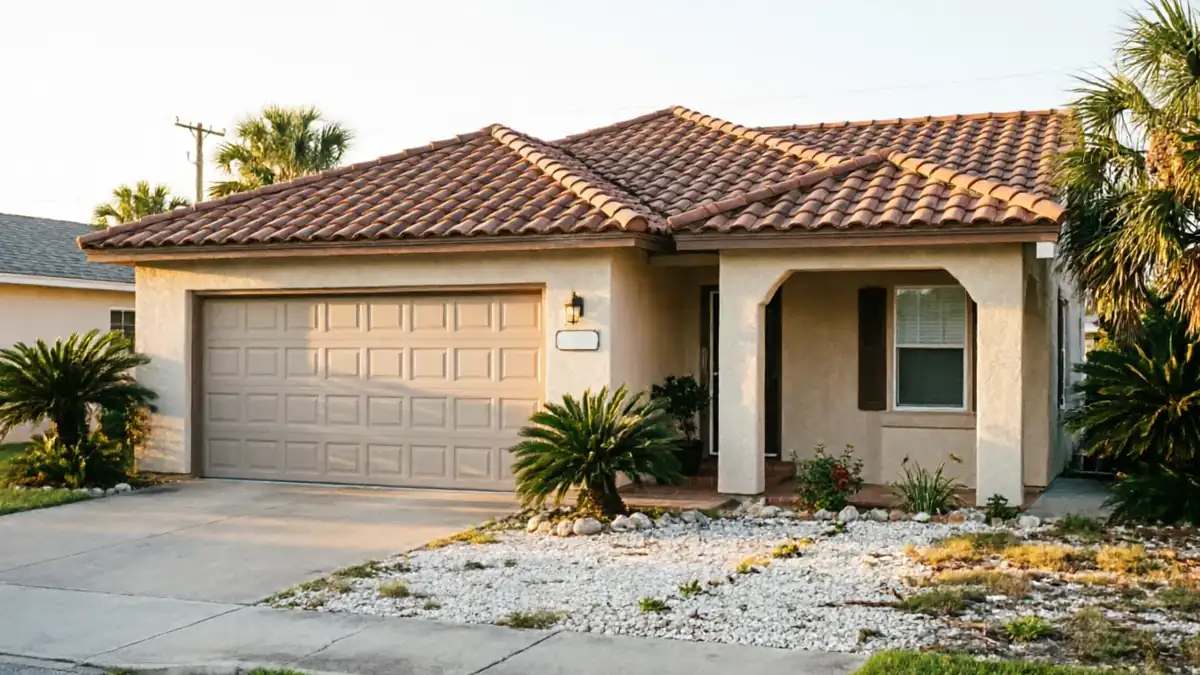 A beige house with a brown garage door and a tiled roof.
