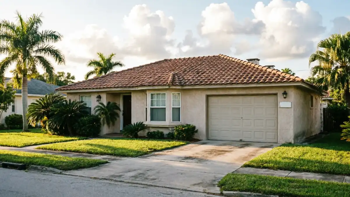 A beige house with a brown tile roof and a beige garage door.