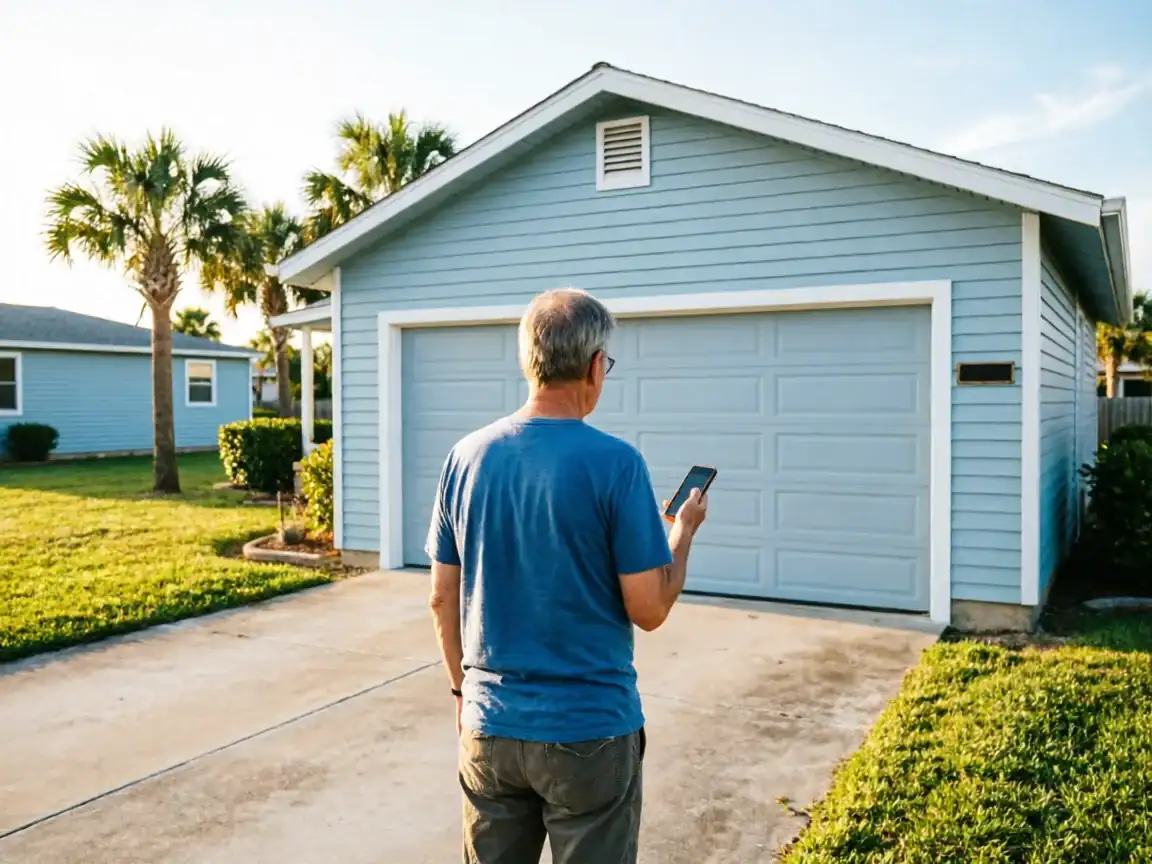 A man stands in a driveway looking at his phone and a blue garage door.