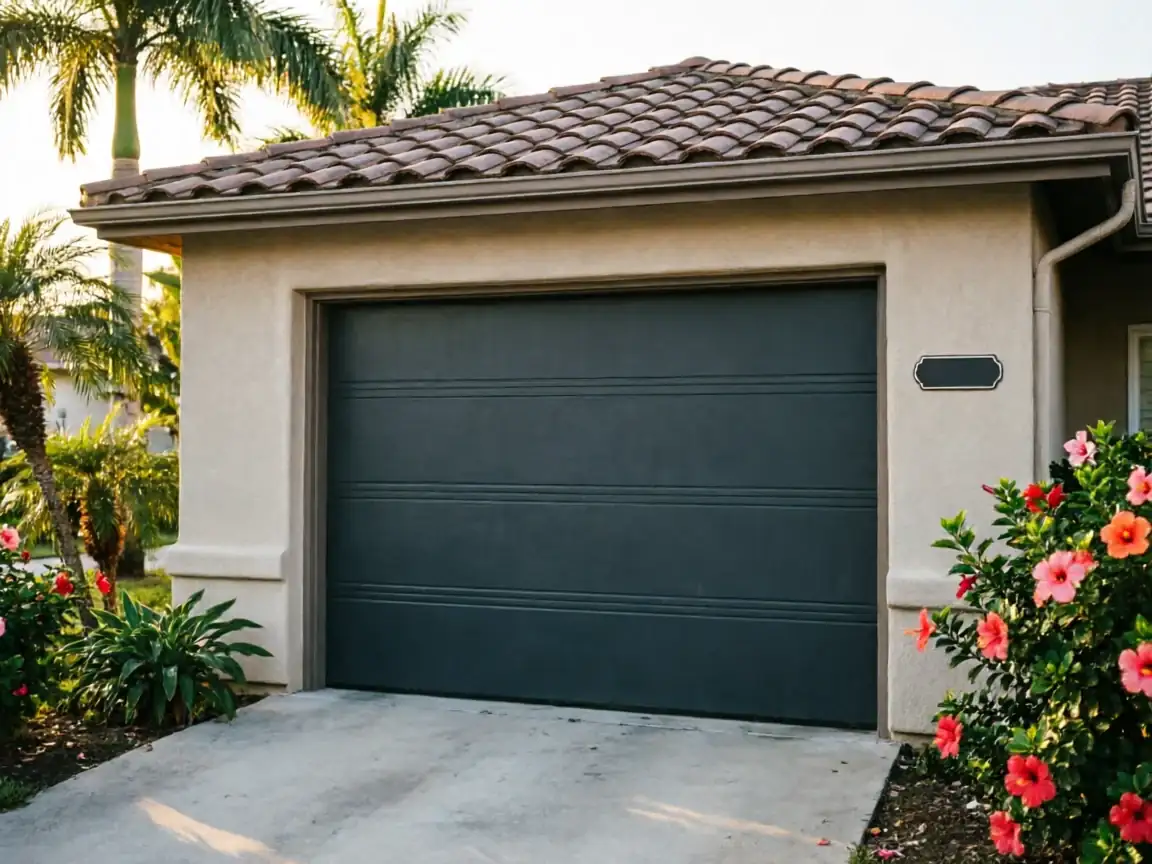 The house has a dark gray garage door, a tiled roof, and flowering bushes.