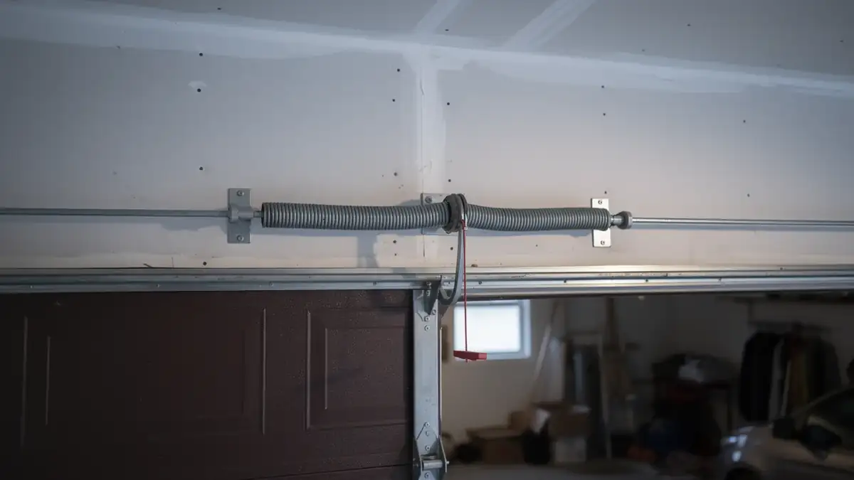 A garage door torsion spring is mounted above a brown garage door.