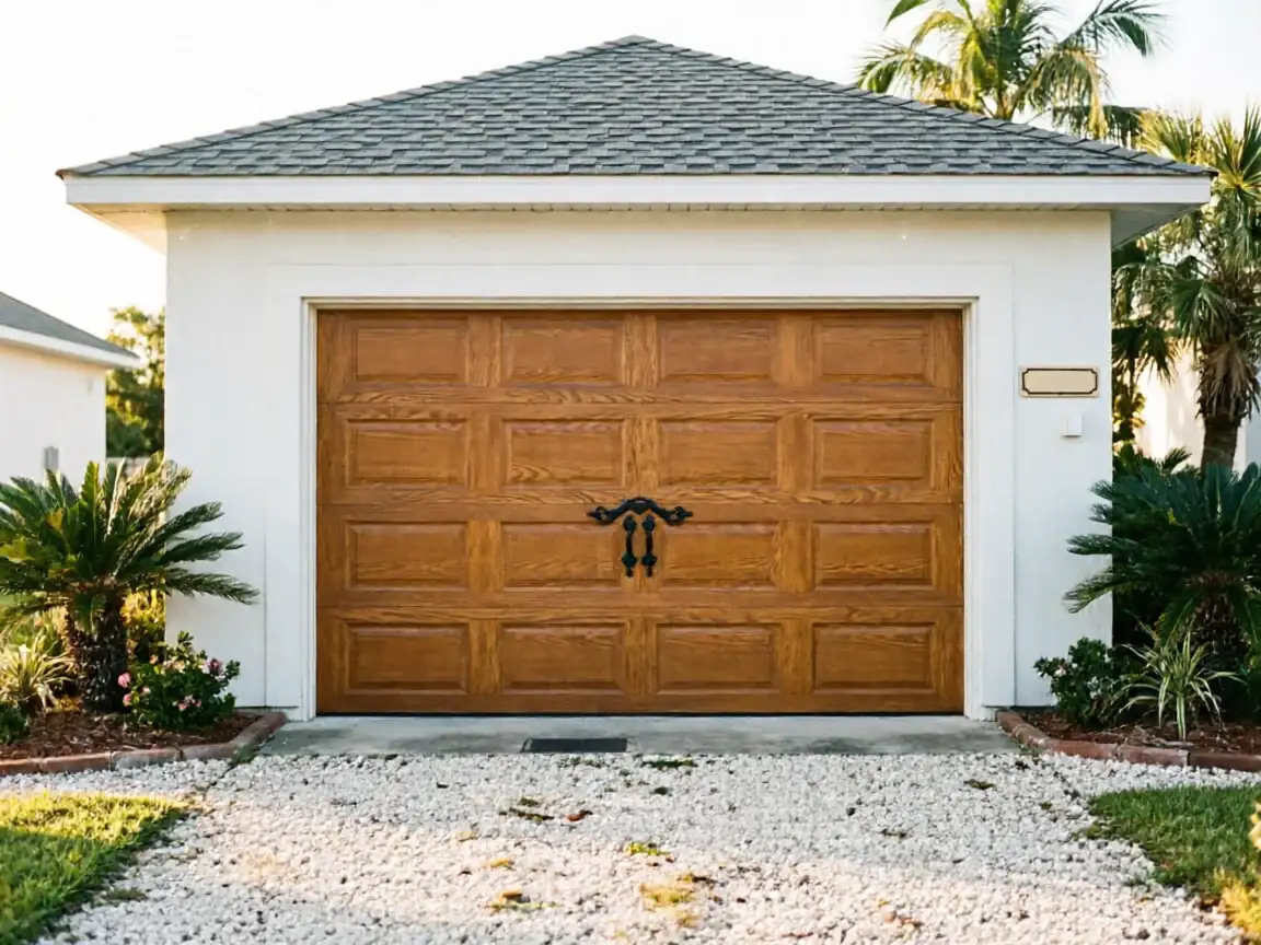 A brown wooden garage door with decorative black handles on a white garage.
